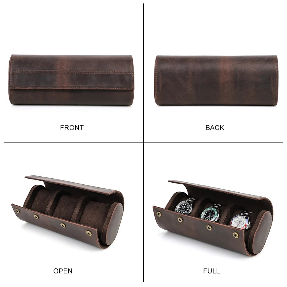 3 Slots Leather Watch Roll Case - Men's Watch Organizer and Jewelry Holder