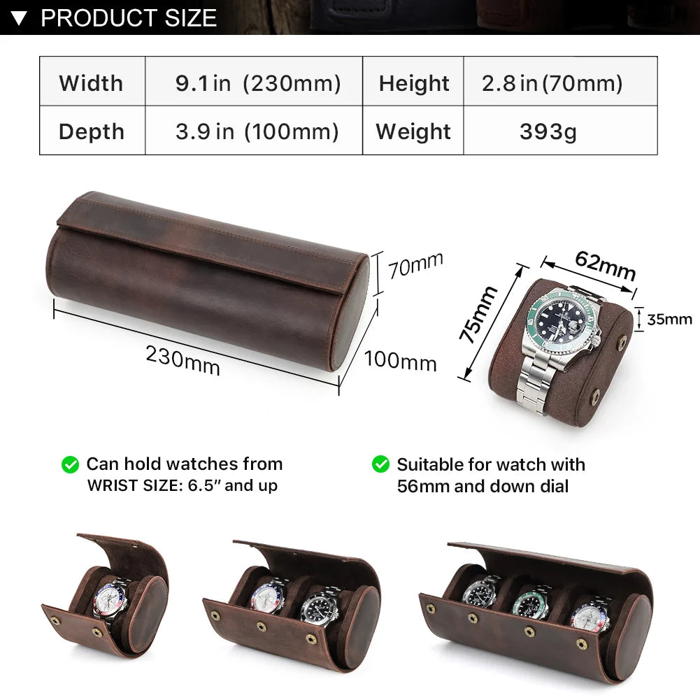 3 Slots Leather Watch Roll Case - Men's Watch Organizer and Jewelry Holder