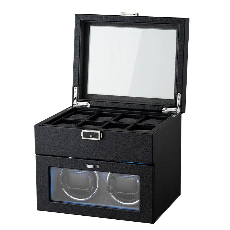 Double Layer Black Watch Winder for Mechanical Watches - Silent Automatic Rotator and Storage Display Box
