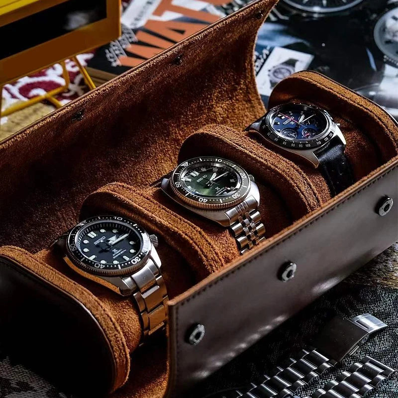 Vintage Leather 3-Slot Watch Roll Travel Case - Portable Watch Display and Storage Organizer for Men