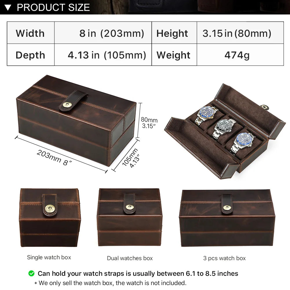 Retro Genuine Leather 3-Slot Luxury Watch Storage Case with Metal Button - Portable Travel Protector