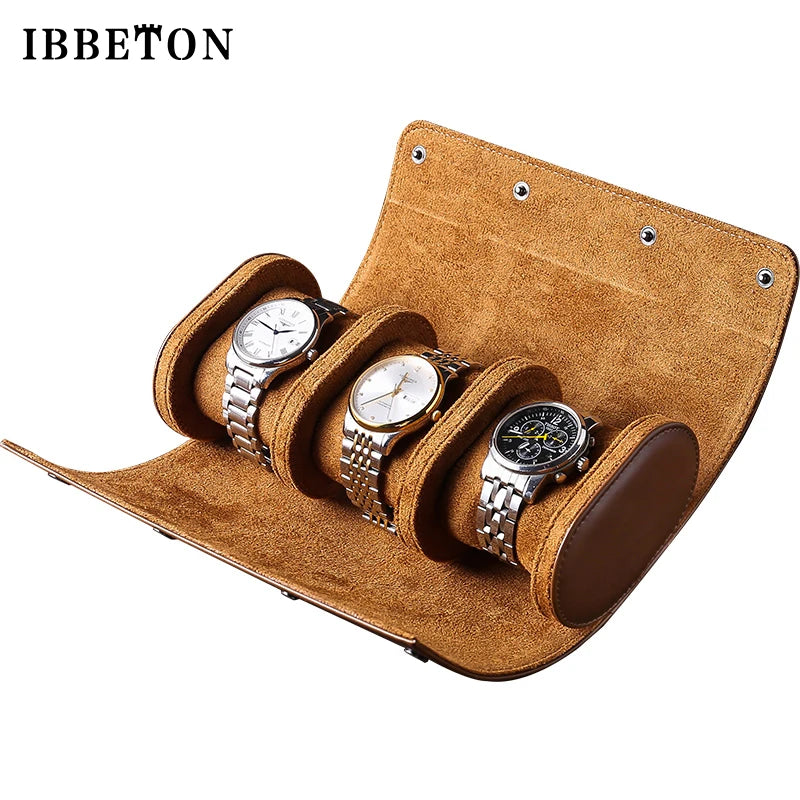 Vintage Leather 3-Slot Watch Roll Travel Case - Portable Watch Display and Storage Organizer for Men