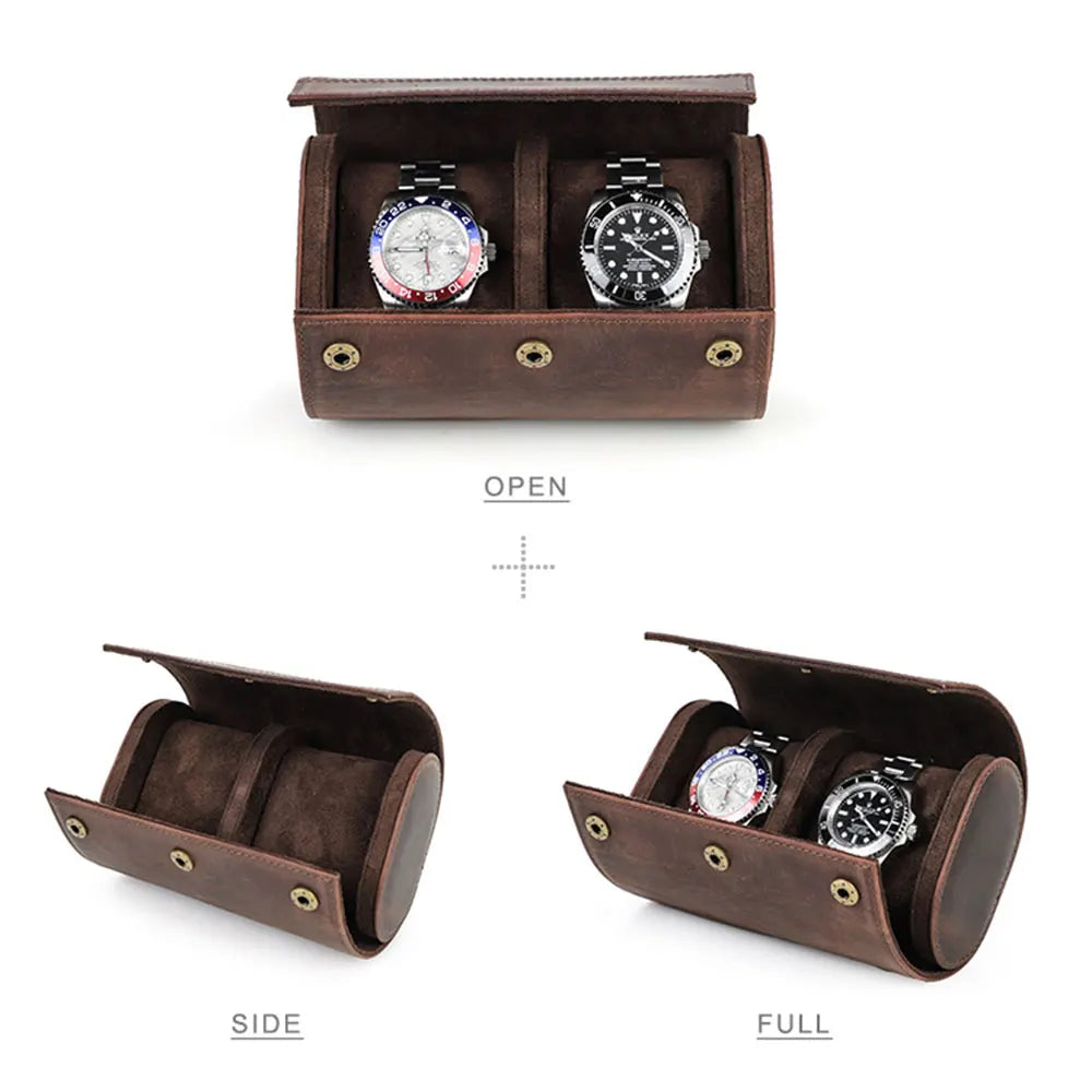Vintage Genuine Leather 2-Slot Watch Travel Case with Metal Button Closure