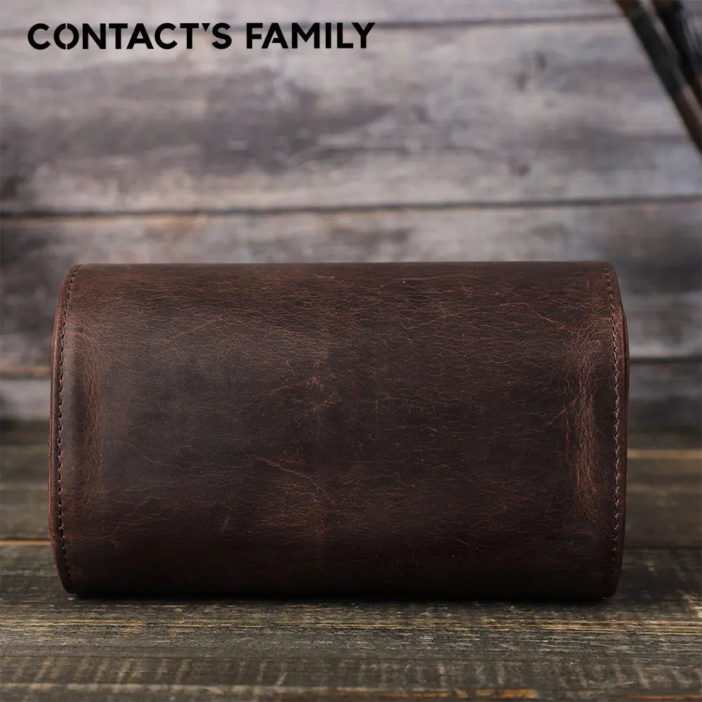 Vintage Genuine Leather 2-Slot Watch Travel Case with Metal Button Closure