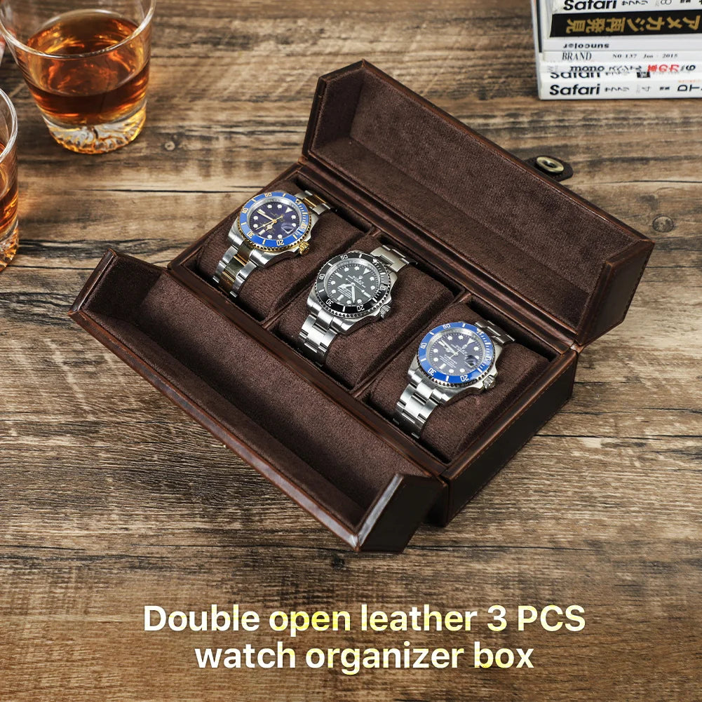 Retro Genuine Leather 3-Slot Luxury Watch Storage Case with Metal Button - Portable Travel Protector