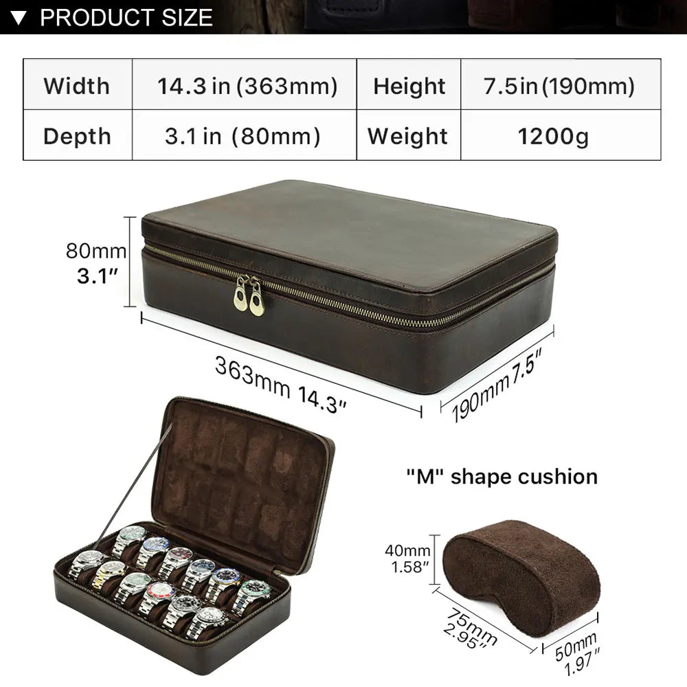 Vintage Handmade Cowhide Leather 12-Slot Watch and Jewelry Organizer with Zipper