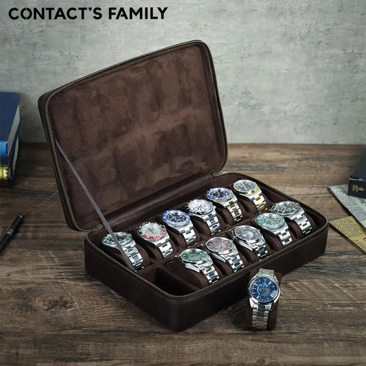 Vintage Handmade Cowhide Leather 12-Slot Watch and Jewelry Organizer with Zipper