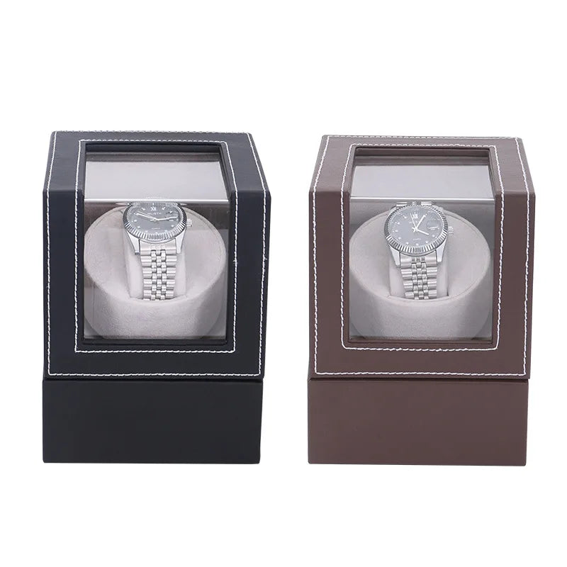 PU Leather Watch Winder for Automatic Watches - Universal Plug, Super Silent Motor, Battery Compatible