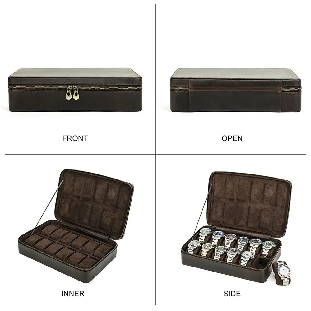 Vintage Handmade Cowhide Leather 12-Slot Watch and Jewelry Organizer with Zipper