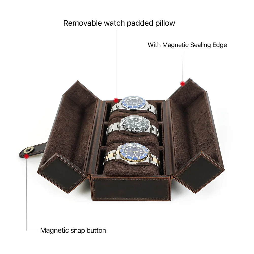 Retro Genuine Leather 3-Slot Luxury Watch Storage Case with Metal Button - Portable Travel Protector