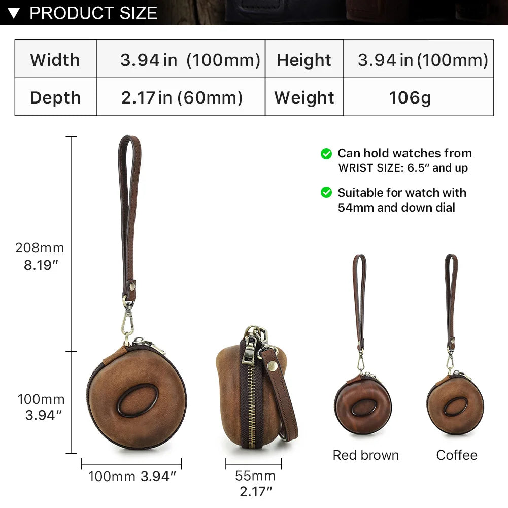Portable Travel Single Watch Case - Genuine Leather Zipper Organizer with Coin Pocket