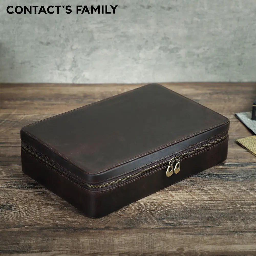 Vintage Handmade Cowhide Leather 12-Slot Watch and Jewelry Organizer with Zipper