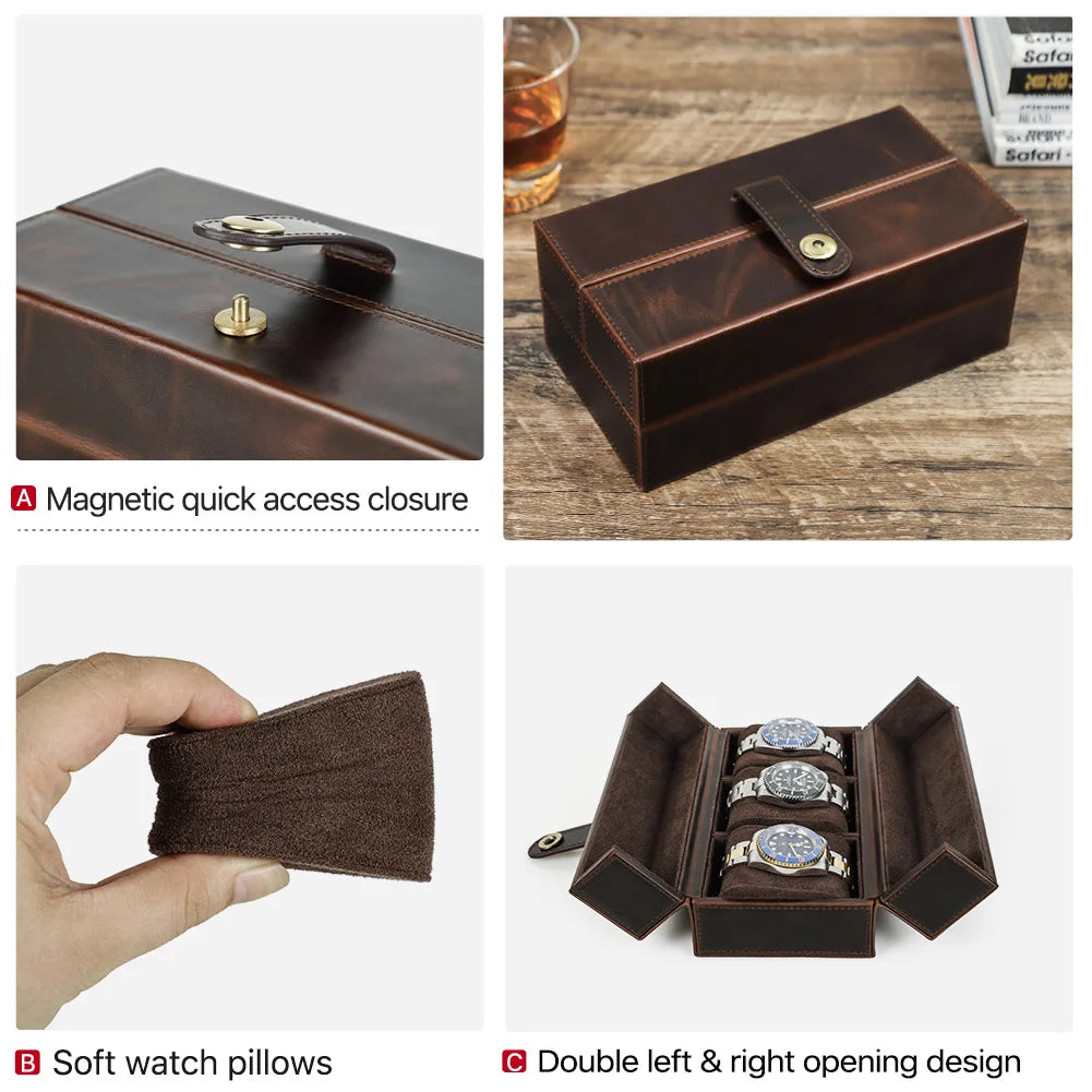 Retro Genuine Leather 3-Slot Luxury Watch Storage Case with Metal Button - Portable Travel Protector