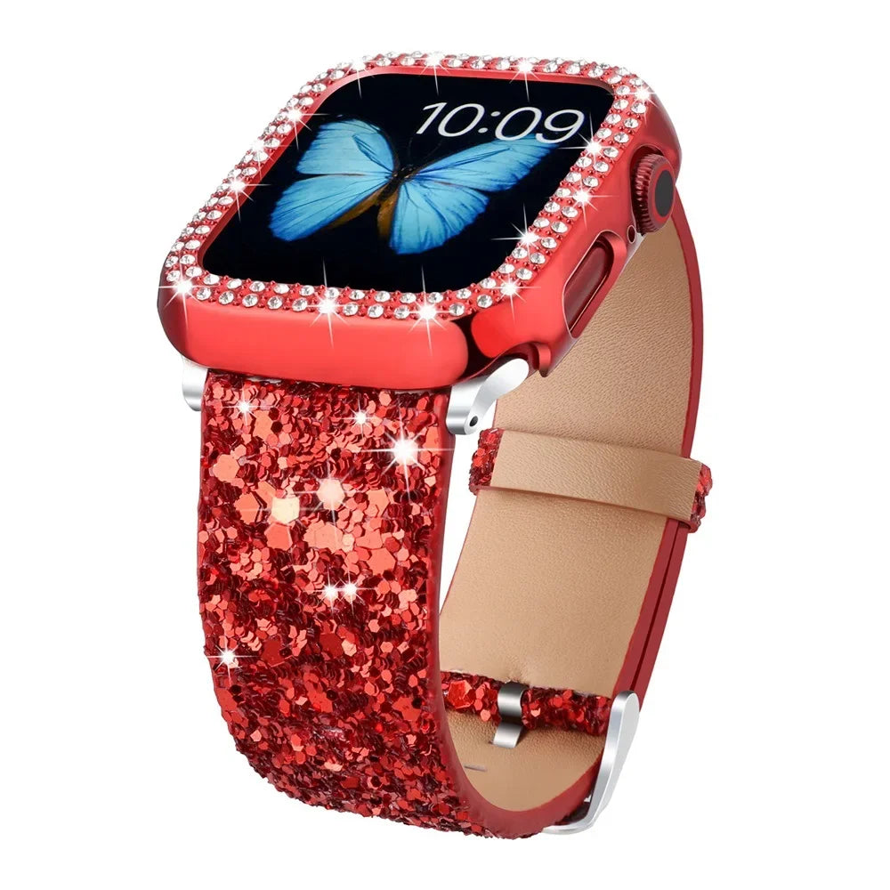 Fashion Shiny Fragments Leather Strap+PC Case for Apple Watch iWatch Ultra Band 49mm 45mm 44mm 42mm 41mm 38mm Series 9/8/7/6/5/4/SE
