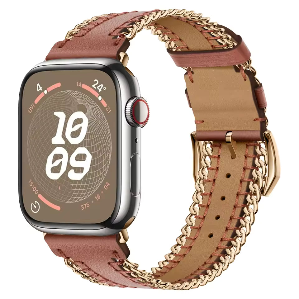 Hand Sewn Chain Leather Bracelet for Apple Watch iWatch Ultra 3/2 Band 49mm 46mm 45mm 44mm 42mm 41mm 40mm Series 11/10/9/8/7/6/5/SE