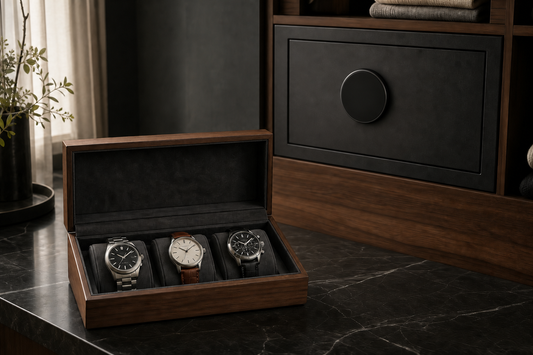 Three watches in a wooden watch box beside a closed home safe