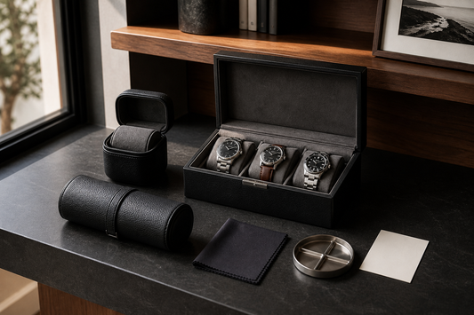 Compact home watch care station with watch box, case, roll, cloth and parts tray