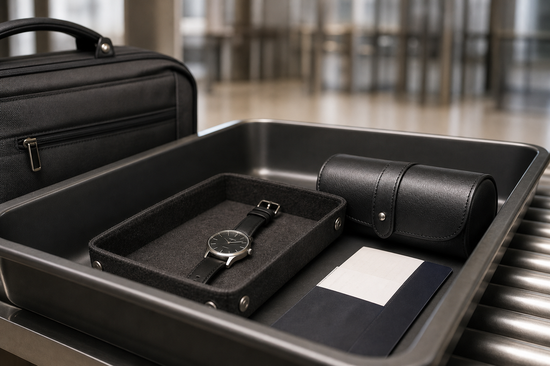 Watch in an airport security tray beside a travel watch case