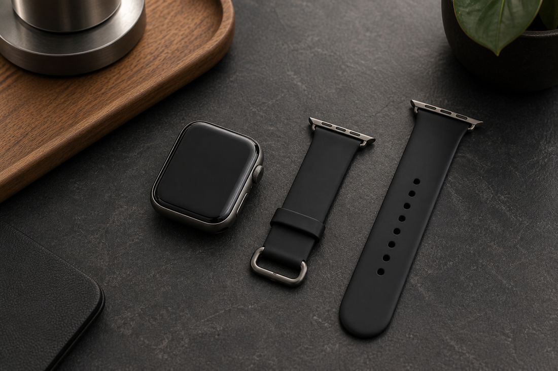 Unbranded smartwatch beside two different-size black bands