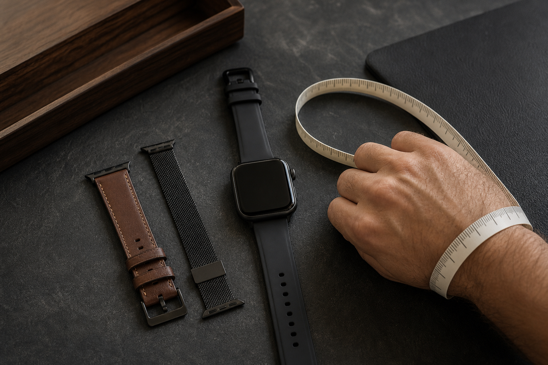 Wrist being measured beside unbranded smartwatch bands
