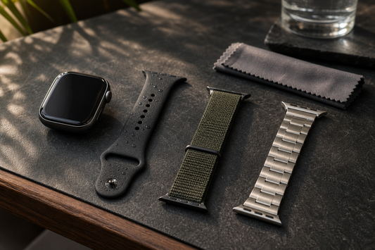 Unbranded smartwatch beside silicone nylon and metal bands for humid weather