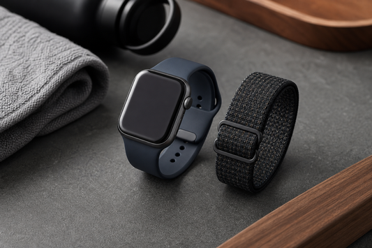 Unbranded smartwatch beside silicone and nylon bands for exercise