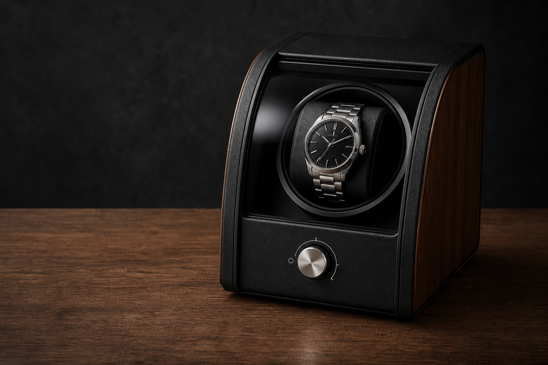Automatic watch in a single-watch winder illustrating turns-per-day settings