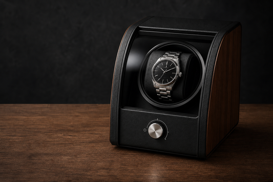 Automatic watch in a single-watch winder illustrating turns-per-day settings