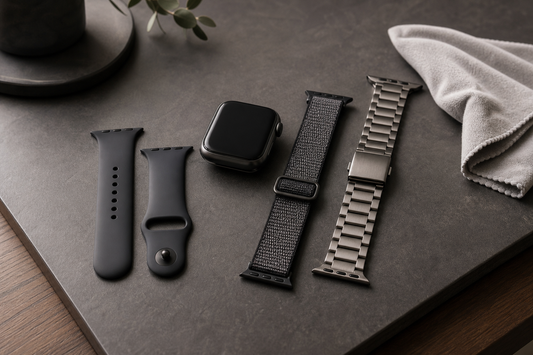 Unbranded smartwatch beside silicone nylon and metal bands for sensitive skin comparison
