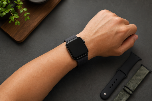 Unbranded smartwatch fitted snugly on wrist beside silicone and nylon bands