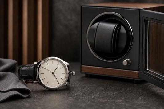 Unbranded automatic watch beside an open single-slot winder before manual winding