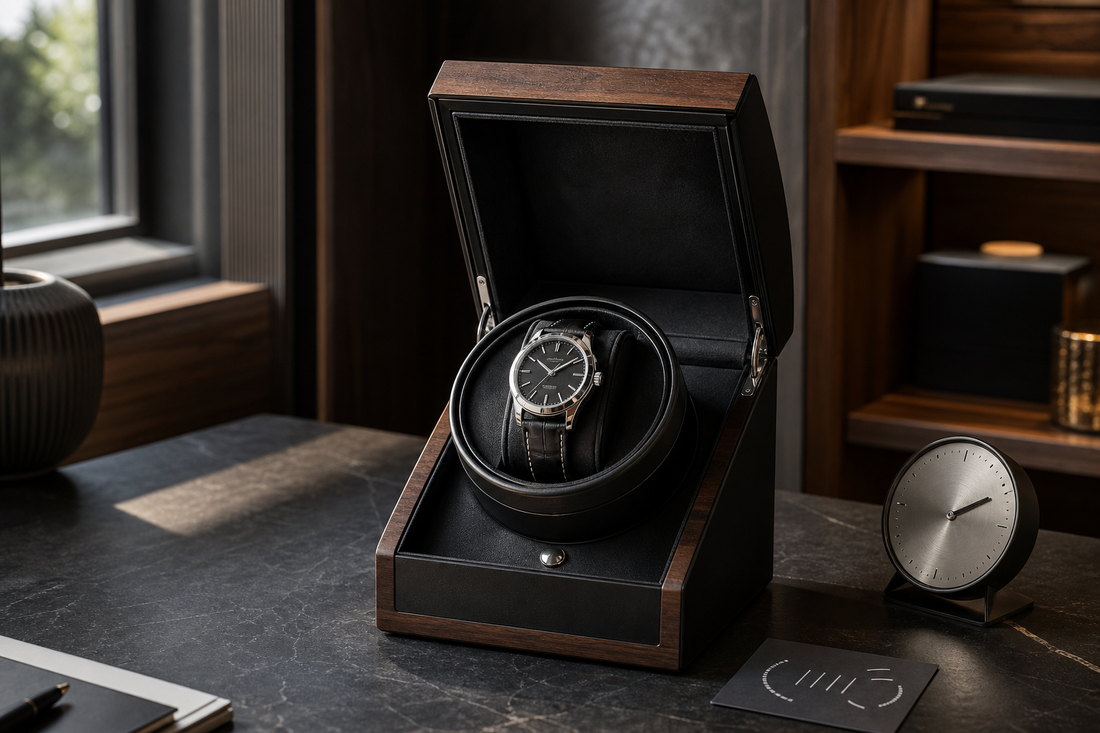 Unbranded automatic watch resting inside an open single-slot watch winder between cycles