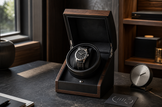 Unbranded automatic watch resting inside an open single-slot watch winder between cycles