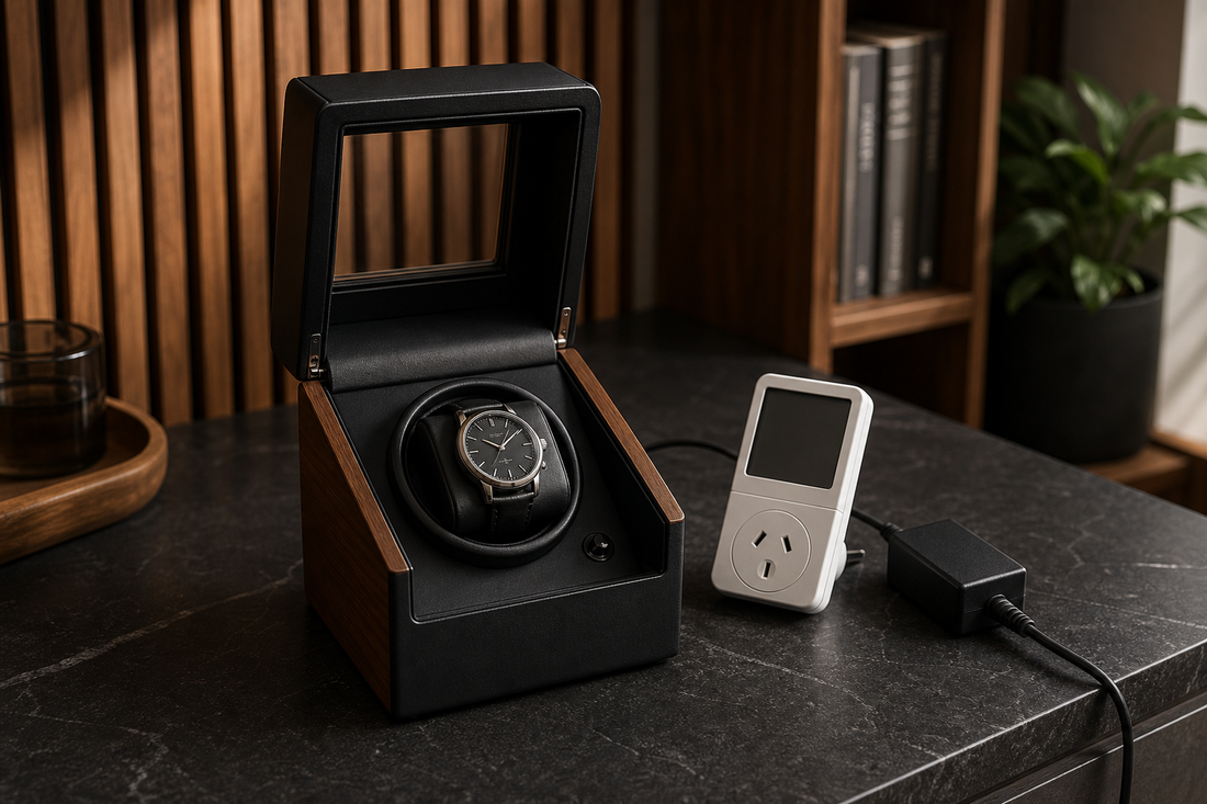Unbranded automatic watch in a single-slot winder beside an electricity usage meter