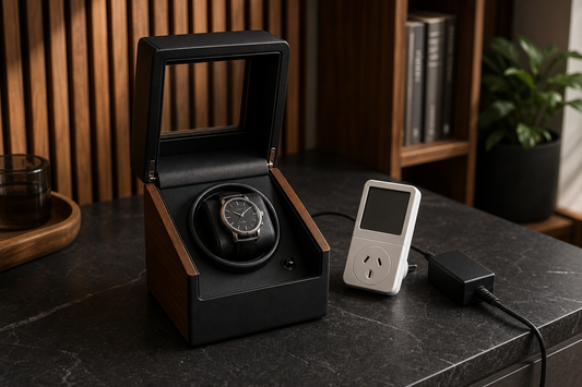 Unbranded automatic watch in a single-slot winder beside an electricity usage meter