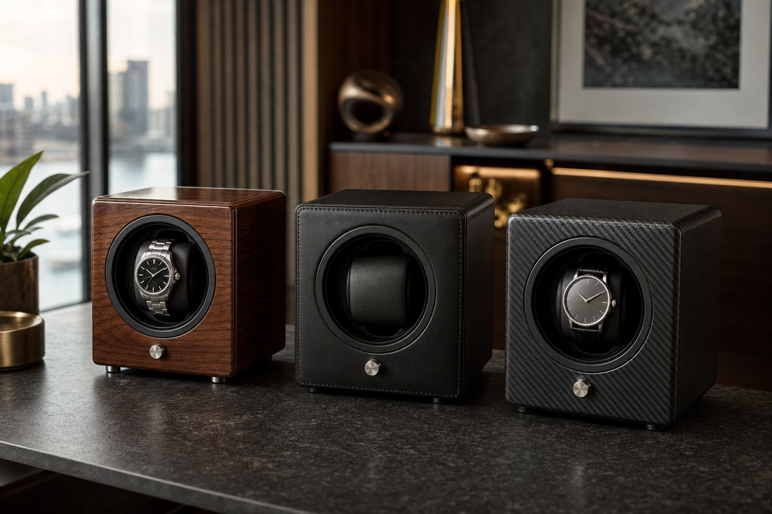 Wood, leather-look and carbon-fibre-style watch winders arranged as a finish comparison