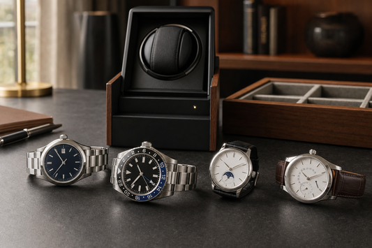 Four automatic watches with date GMT moonphase and calendar displays beside a watch winder