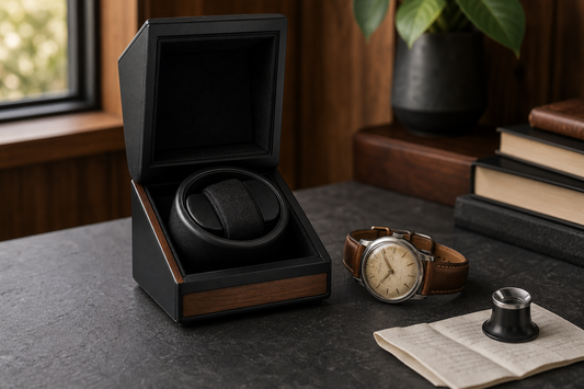 Vintage automatic watch beside a single-slot watch winder
