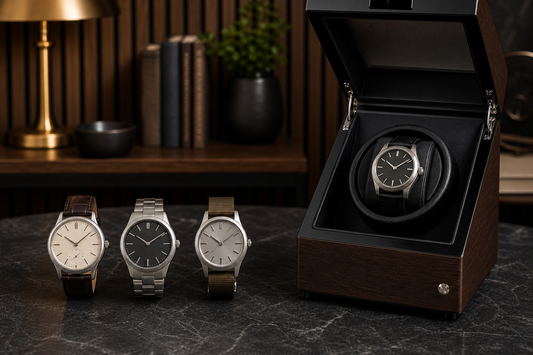 Manual-wind quartz solar and kinetic watches beside a single-slot watch winder