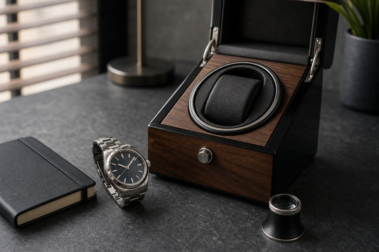 Automatic watch beside a winder and service log notebook