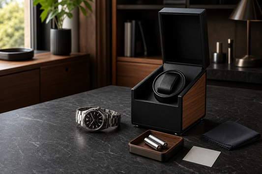 Battery-powered watch winder beside fresh batteries and a cleaning cloth