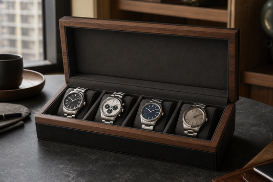 Four watches separated by dividers in an open watch box