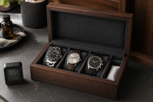 Three watches in a wooden watch box with a silica gel sachet and humidity monitor