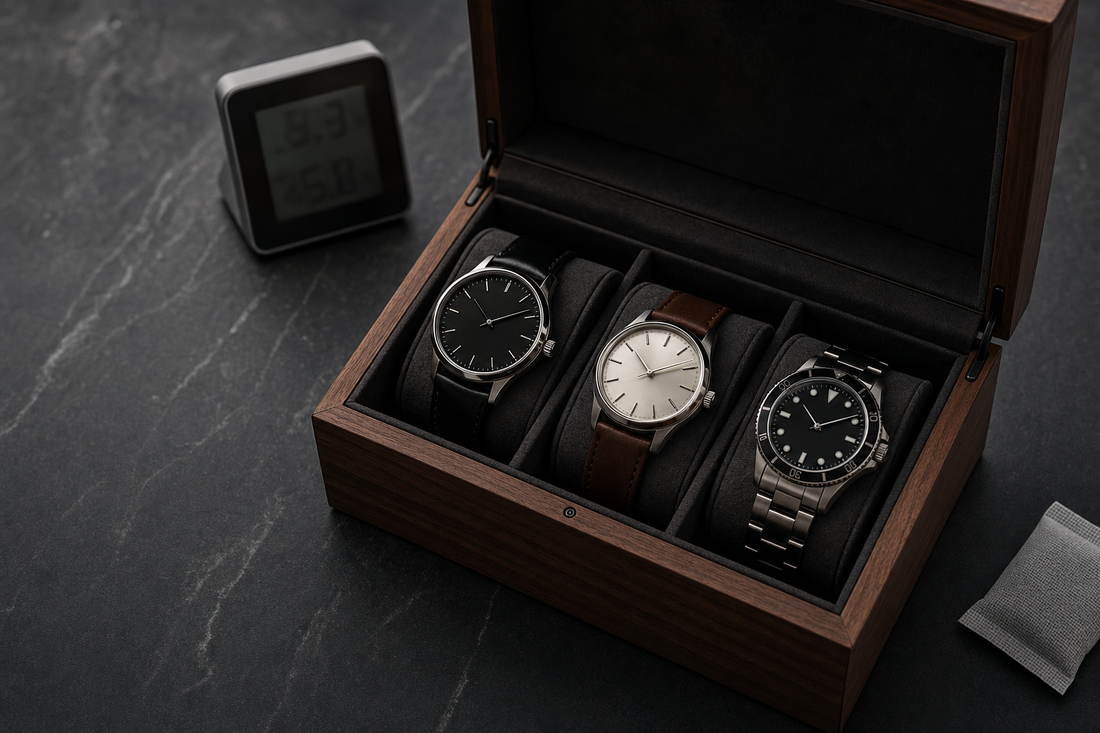 Three watches in a wooden watch box beside a blurred humidity monitor and silica gel sachet