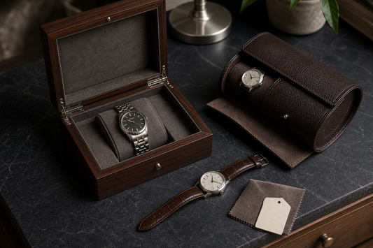 Watch box and leather watch roll storing metal bracelets and leather straps without distortion