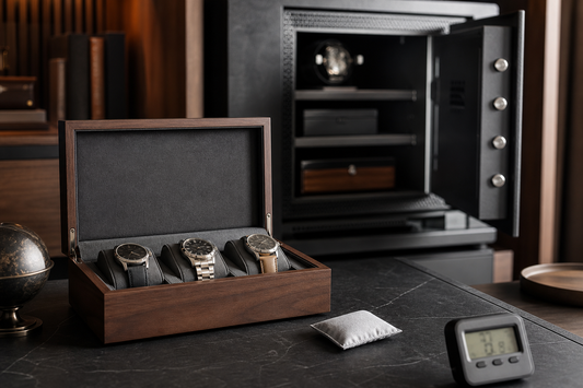 Watch box and silica gel beside an open home safe for moisture-aware watch storage