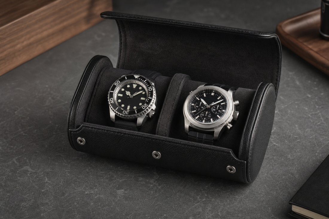 Large diver and thick chronograph watches separated inside a black watch roll