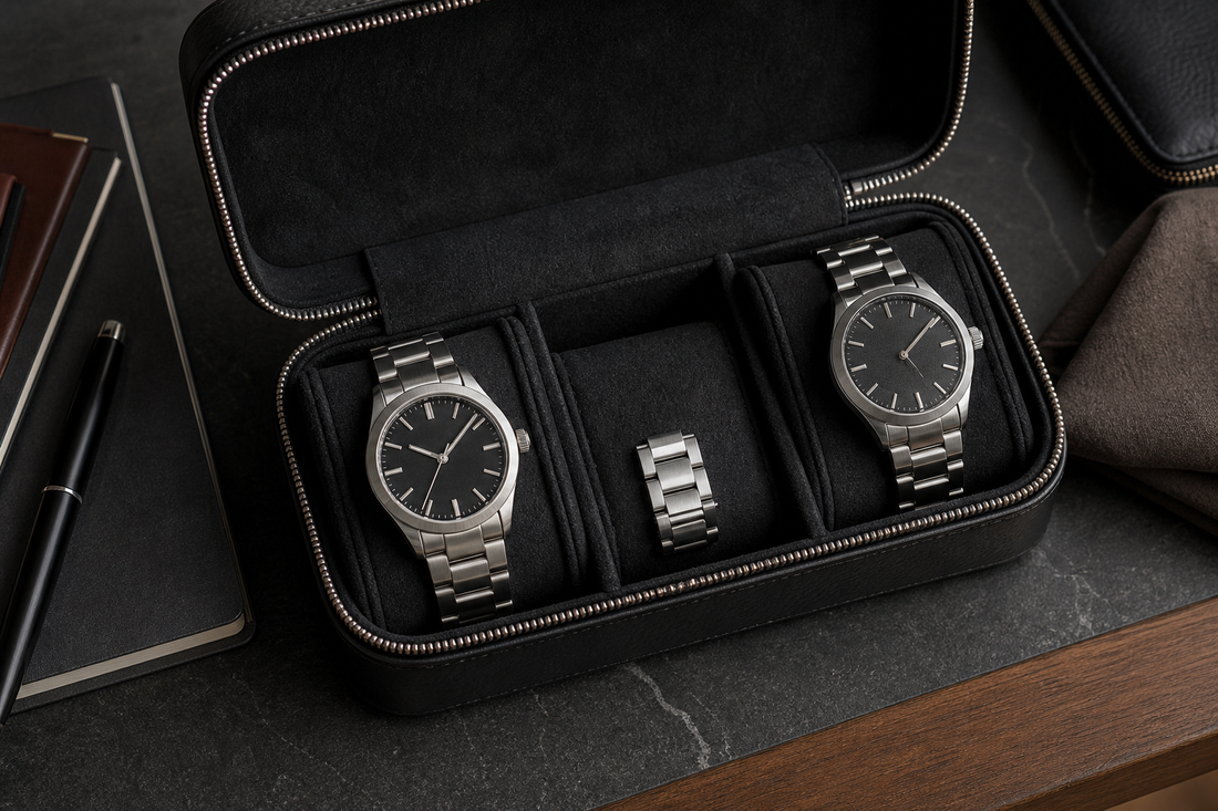 Two metal bracelet watches separated inside a black travel watch case