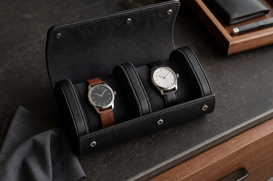 Leather strap watches supported inside a black watch roll to prevent creasing