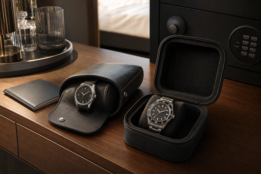 Watches stored in a travel case and roll on a hotel room desk